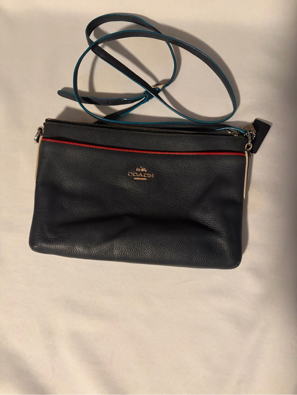 Coach Journal Crossbody Bag in Navy with Red and Teal Accents 38079